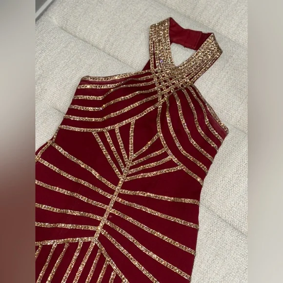 Halter Gold Burgundy Red Short Sparkle Fringe Showgirl Stage Dance Flapper Dress - Picture 10 of 12